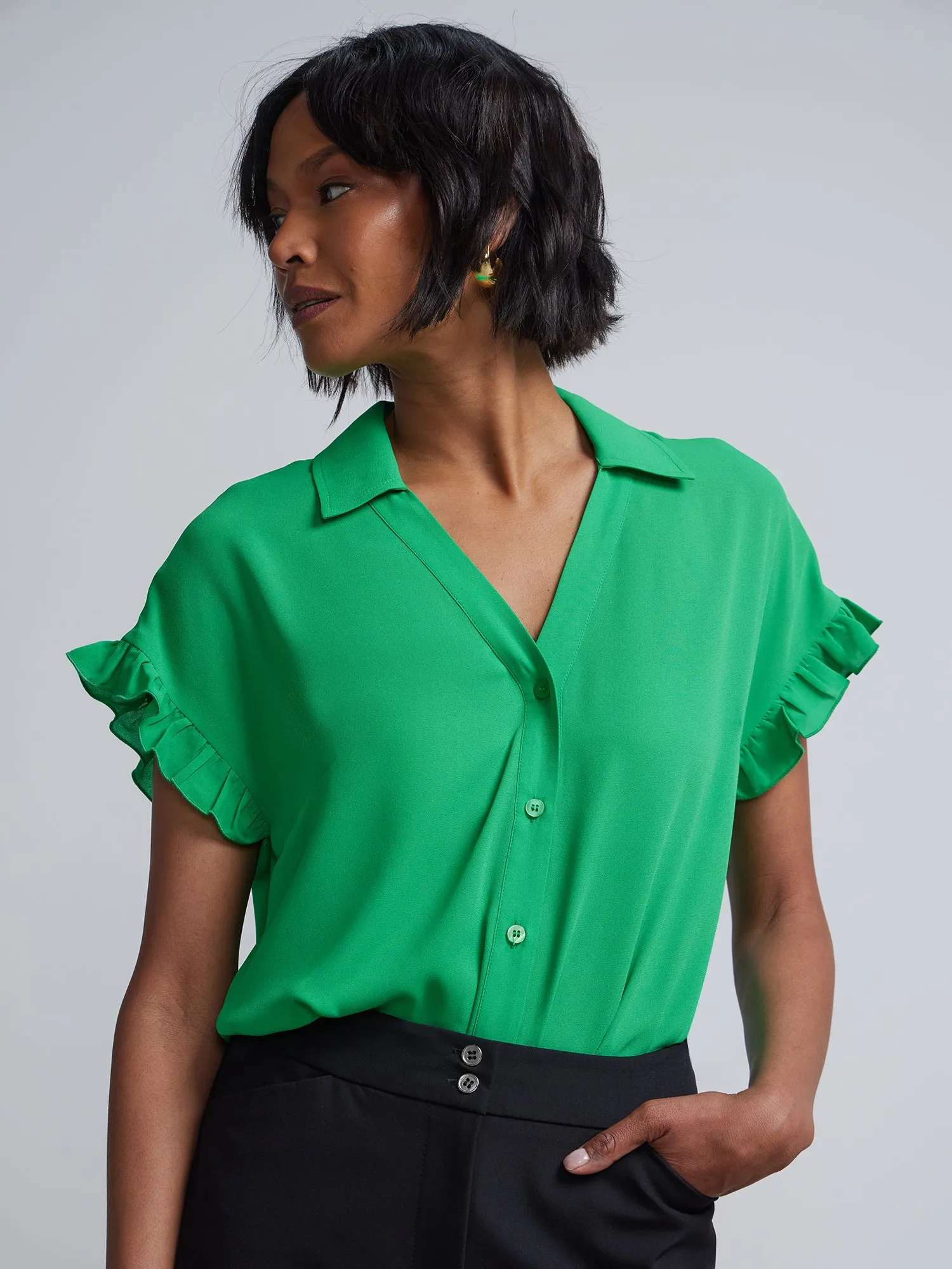 Flutter-Trim Button-Front Blouse