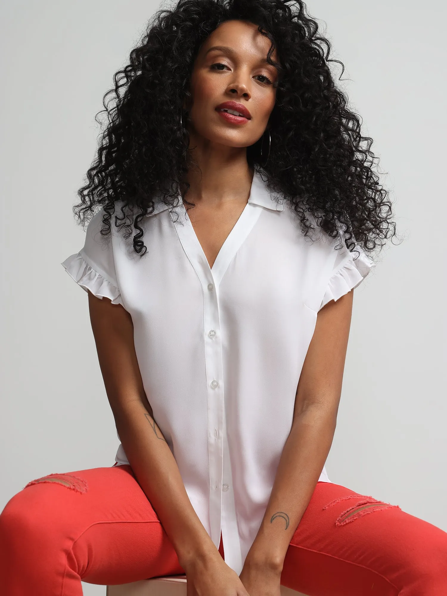 Flutter-Trim Button-Front Blouse