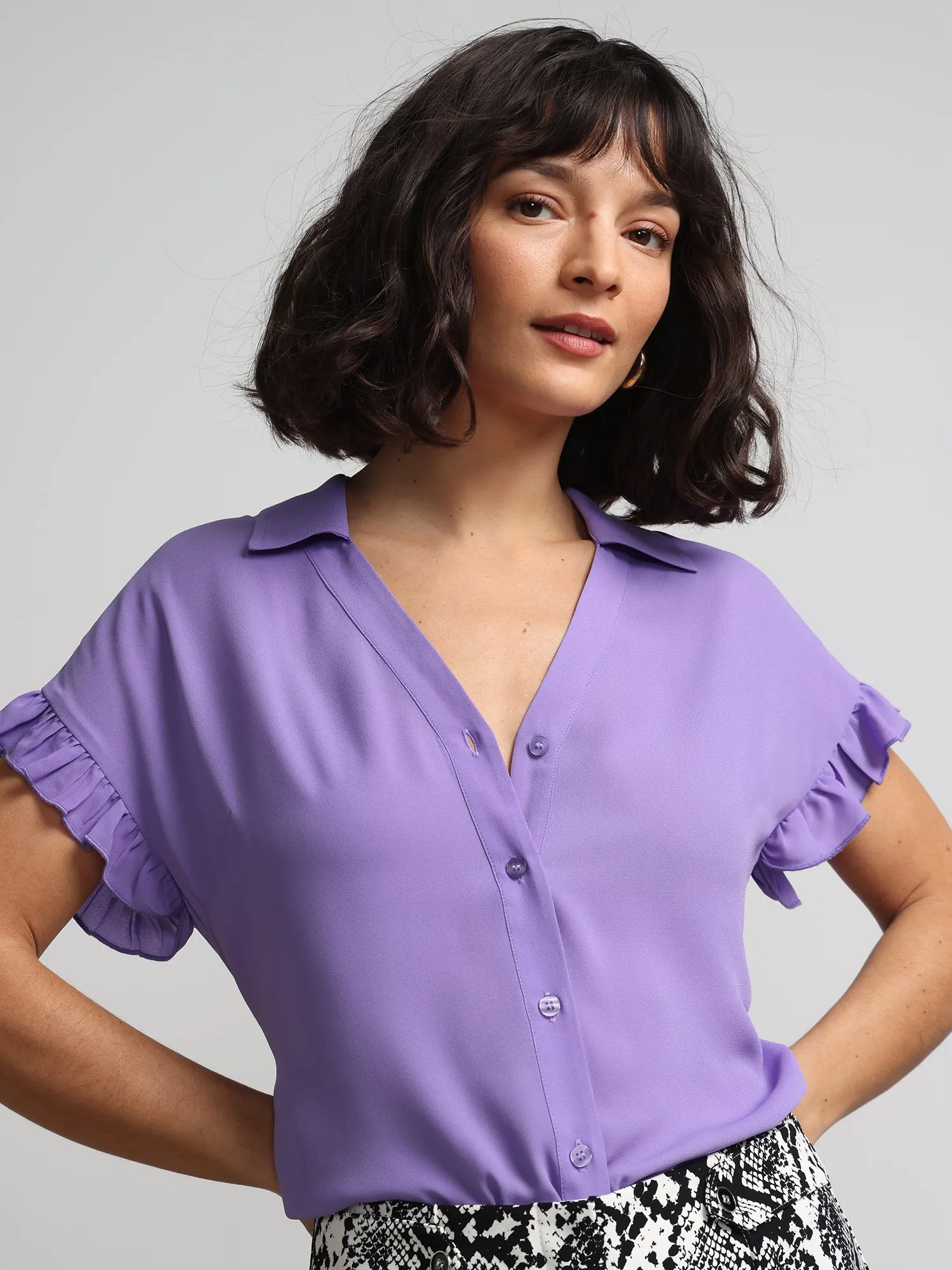 Flutter-Trim Button-Front Blouse