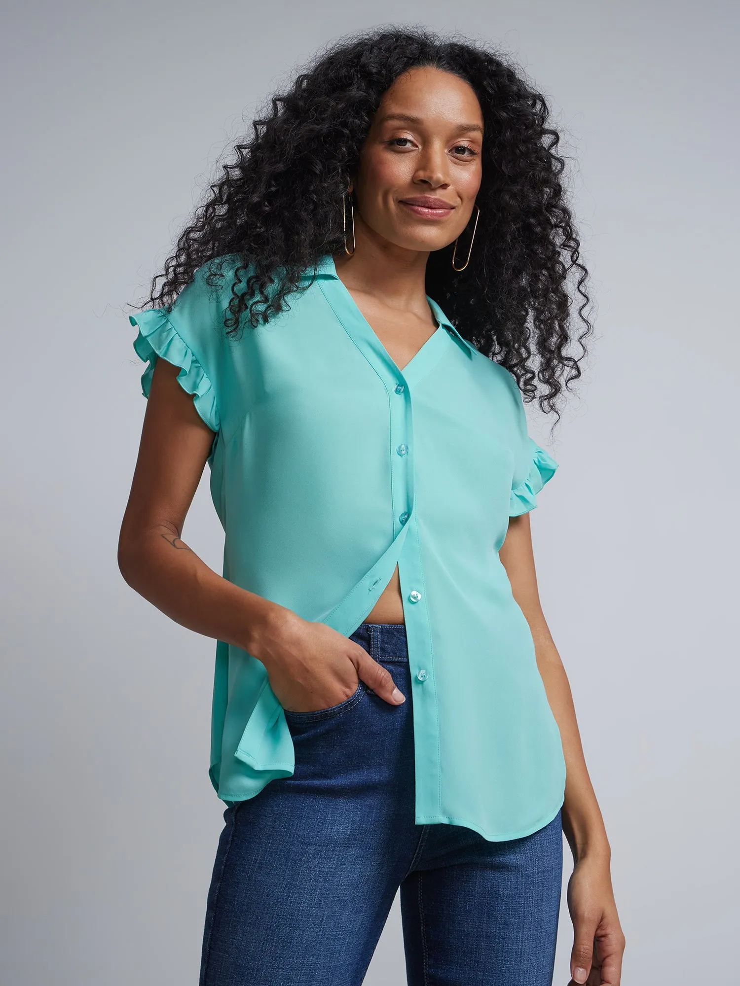 Flutter-Trim Button-Front Blouse