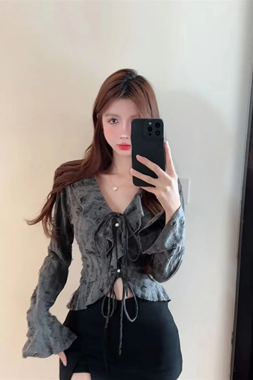 Flytonn-cute winter outfits casual winter outfits christmas outfit party look inspos Long Sleeve V-Neck Sexy Ruffles Cropped Shirt