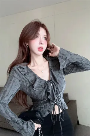 Flytonn-cute winter outfits casual winter outfits christmas outfit party look inspos Long Sleeve V-Neck Sexy Ruffles Cropped Shirt