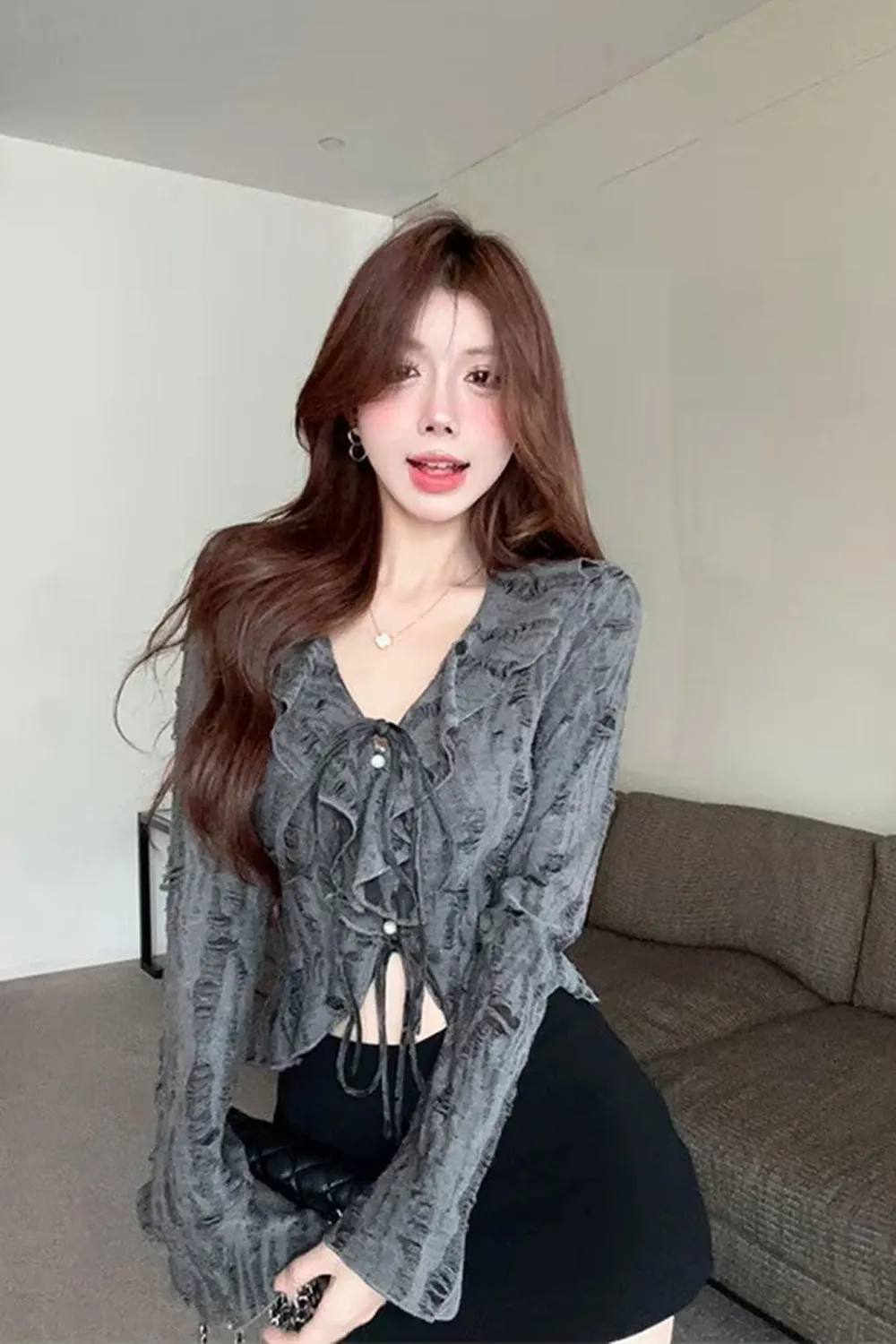 Flytonn-cute winter outfits casual winter outfits christmas outfit party look inspos Long Sleeve V-Neck Sexy Ruffles Cropped Shirt