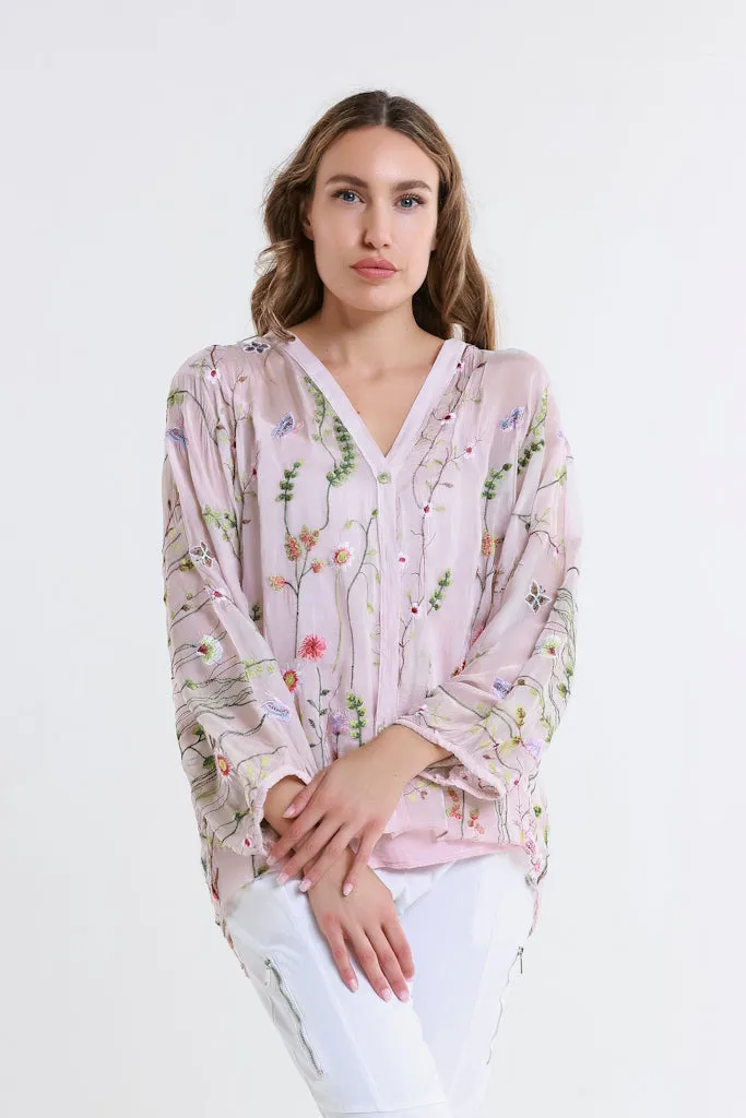 Garden Viola 3/4 Slv Silk Emb Button Front Blouse (BQ208G)