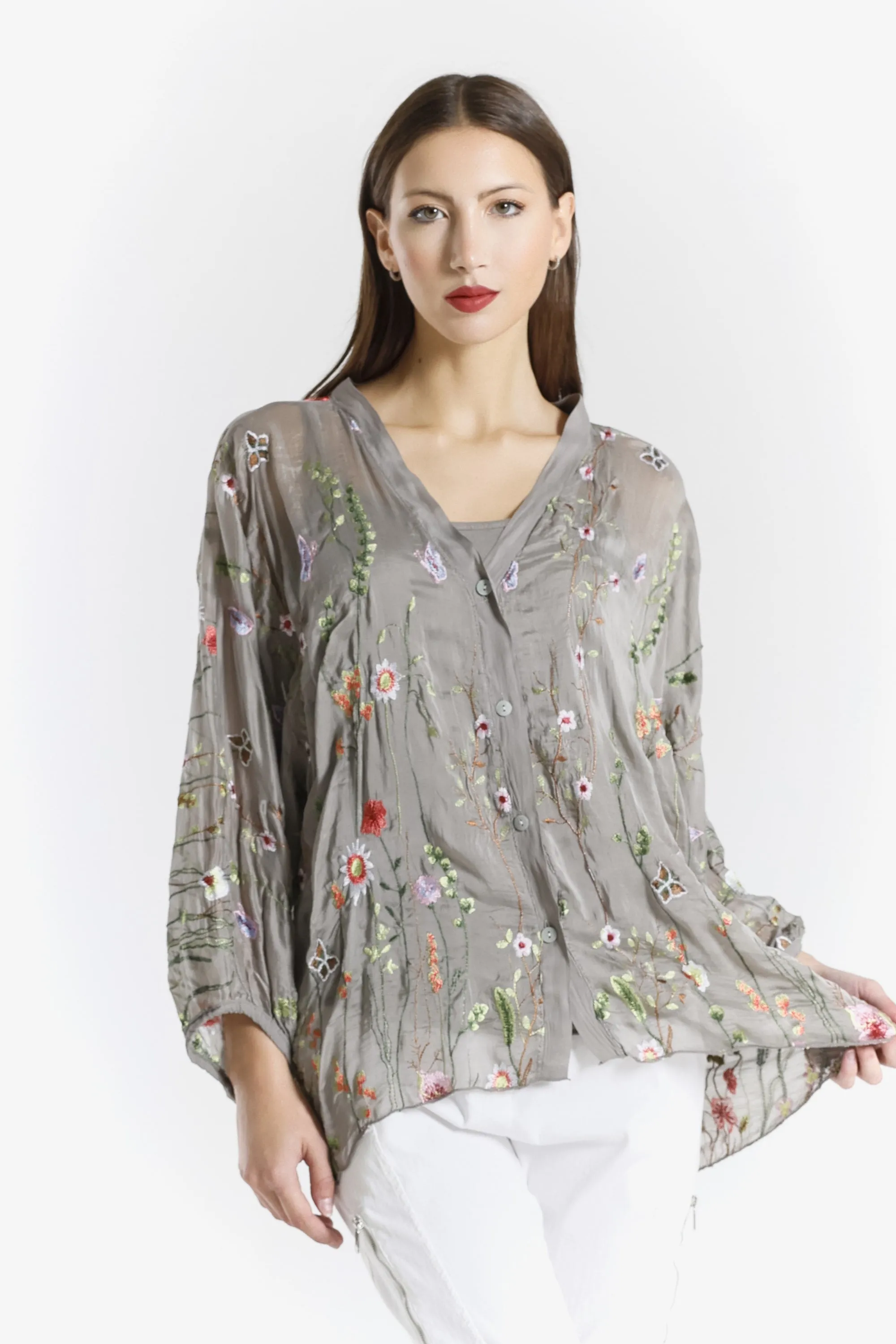 Garden Viola 3/4 Slv Silk Emb Button Front Blouse (BQ208G)