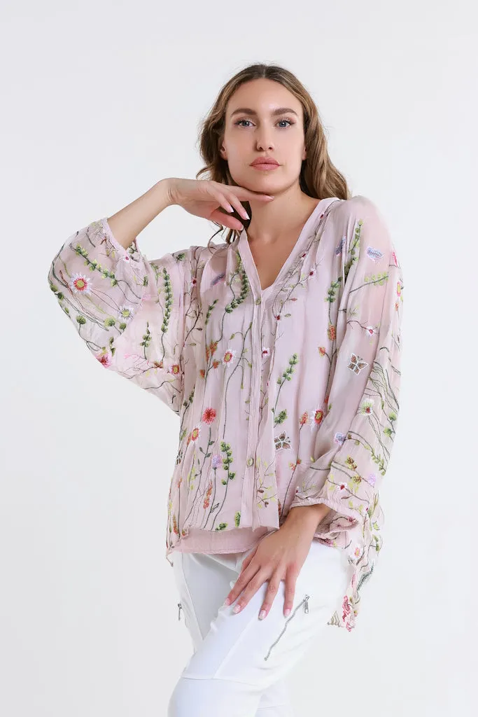 Garden Viola 3/4 Slv Silk Emb Button Front Blouse (BQ208G)