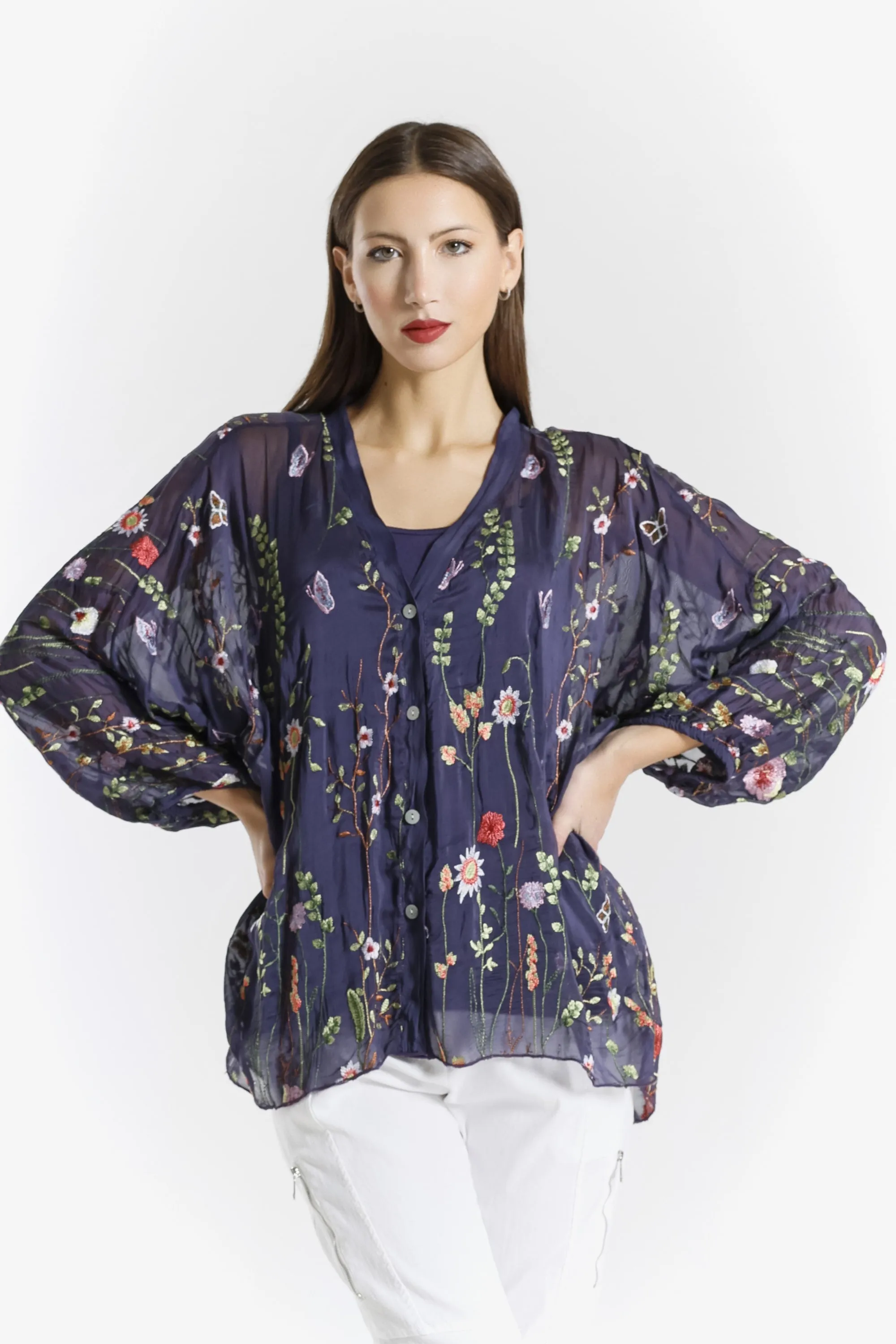 Garden Viola 3/4 Slv Silk Emb Button Front Blouse (BQ208G)