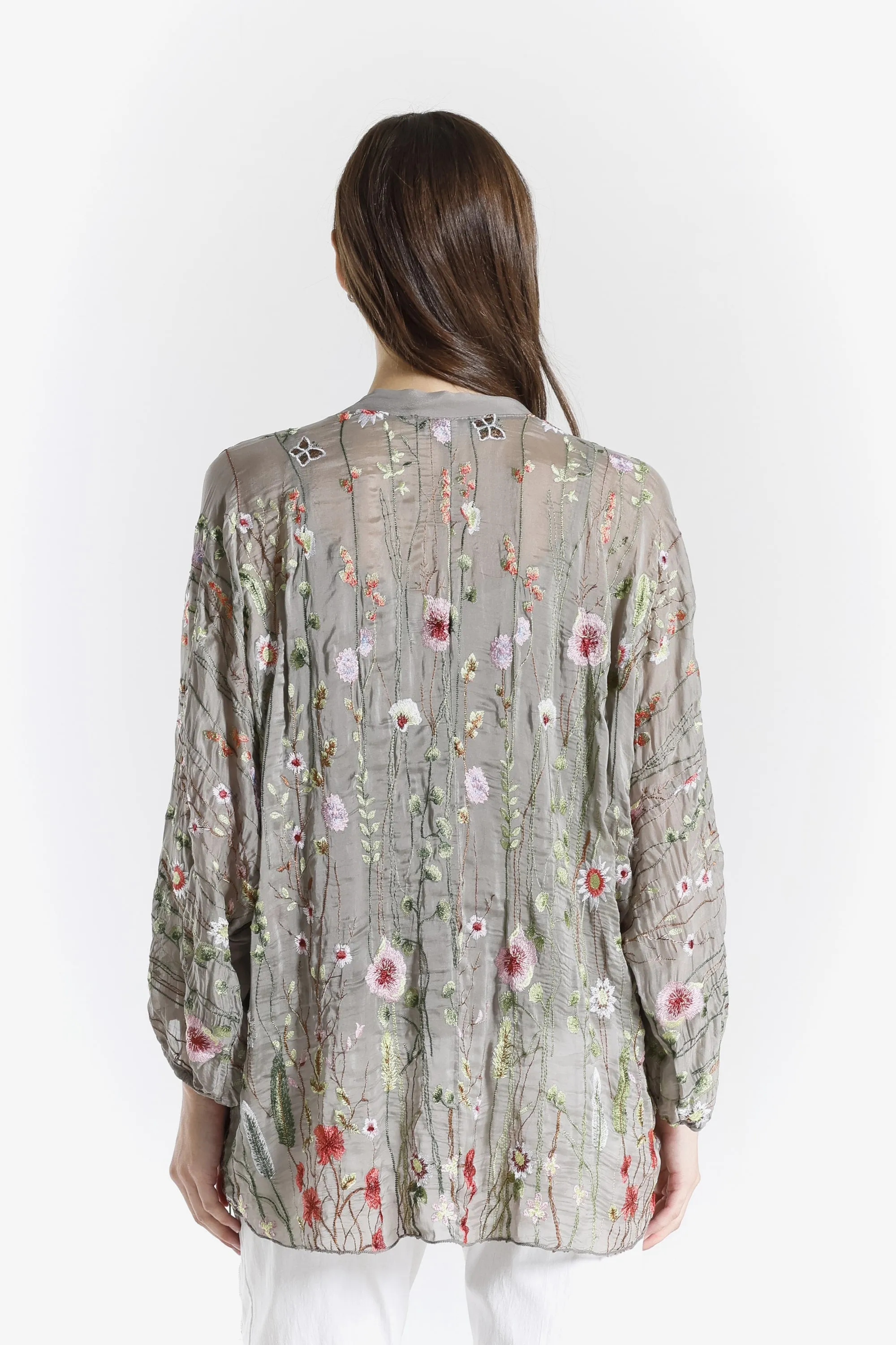 Garden Viola 3/4 Slv Silk Emb Button Front Blouse (BQ208G)