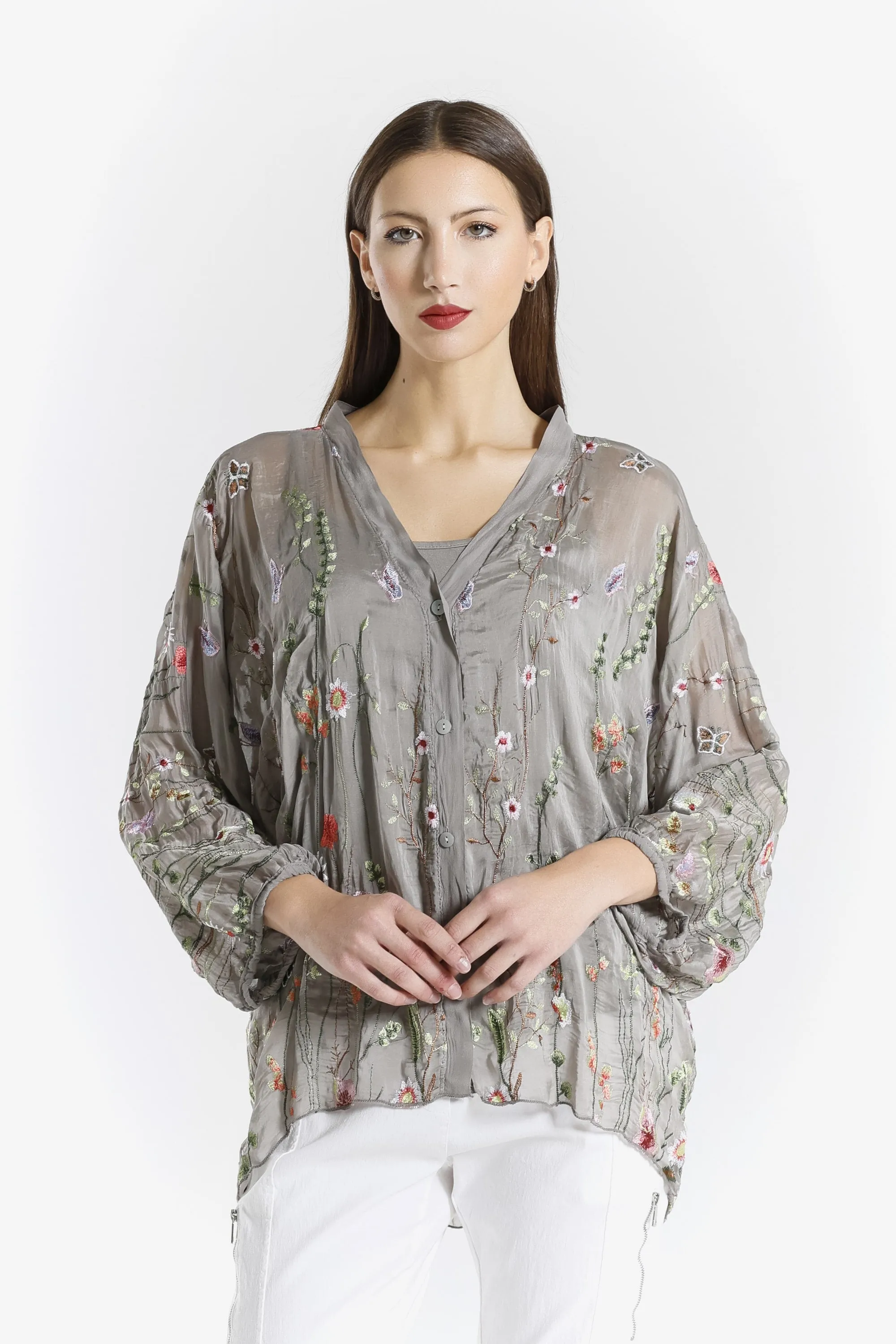 Garden Viola 3/4 Slv Silk Emb Button Front Blouse (BQ208G)