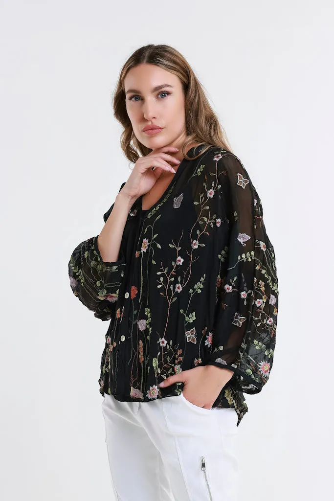 Garden Viola 3/4 Slv Silk Emb Button Front Blouse (BQ208G)