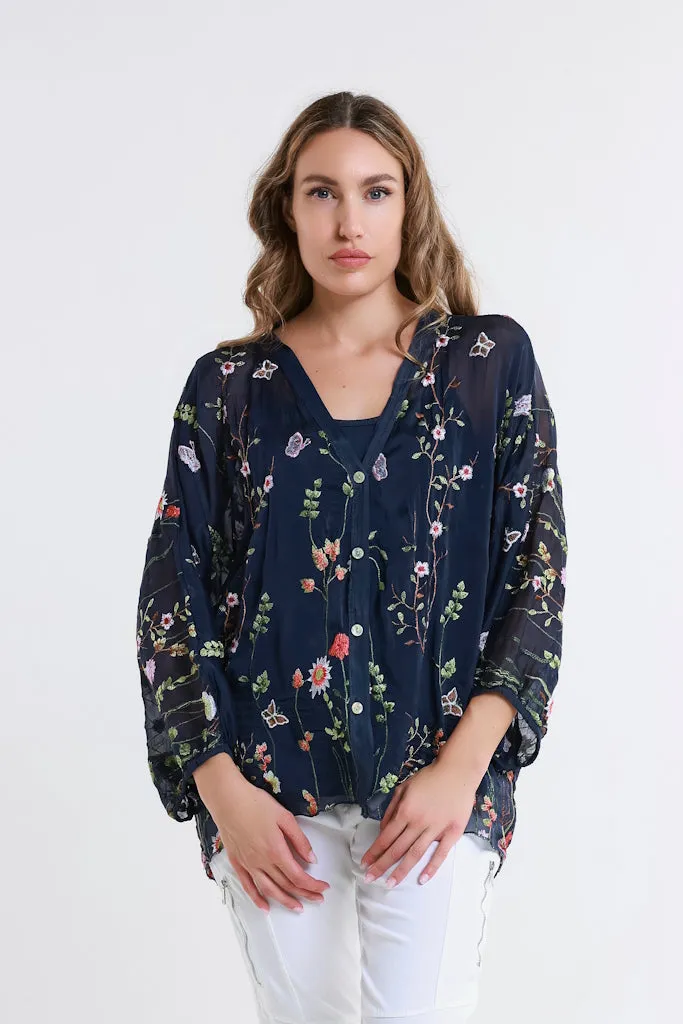 Garden Viola 3/4 Slv Silk Emb Button Front Blouse (BQ208G)