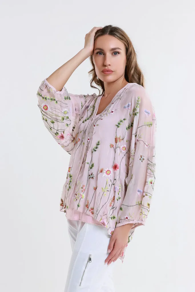 Garden Viola 3/4 Slv Silk Emb Button Front Blouse (BQ208G)