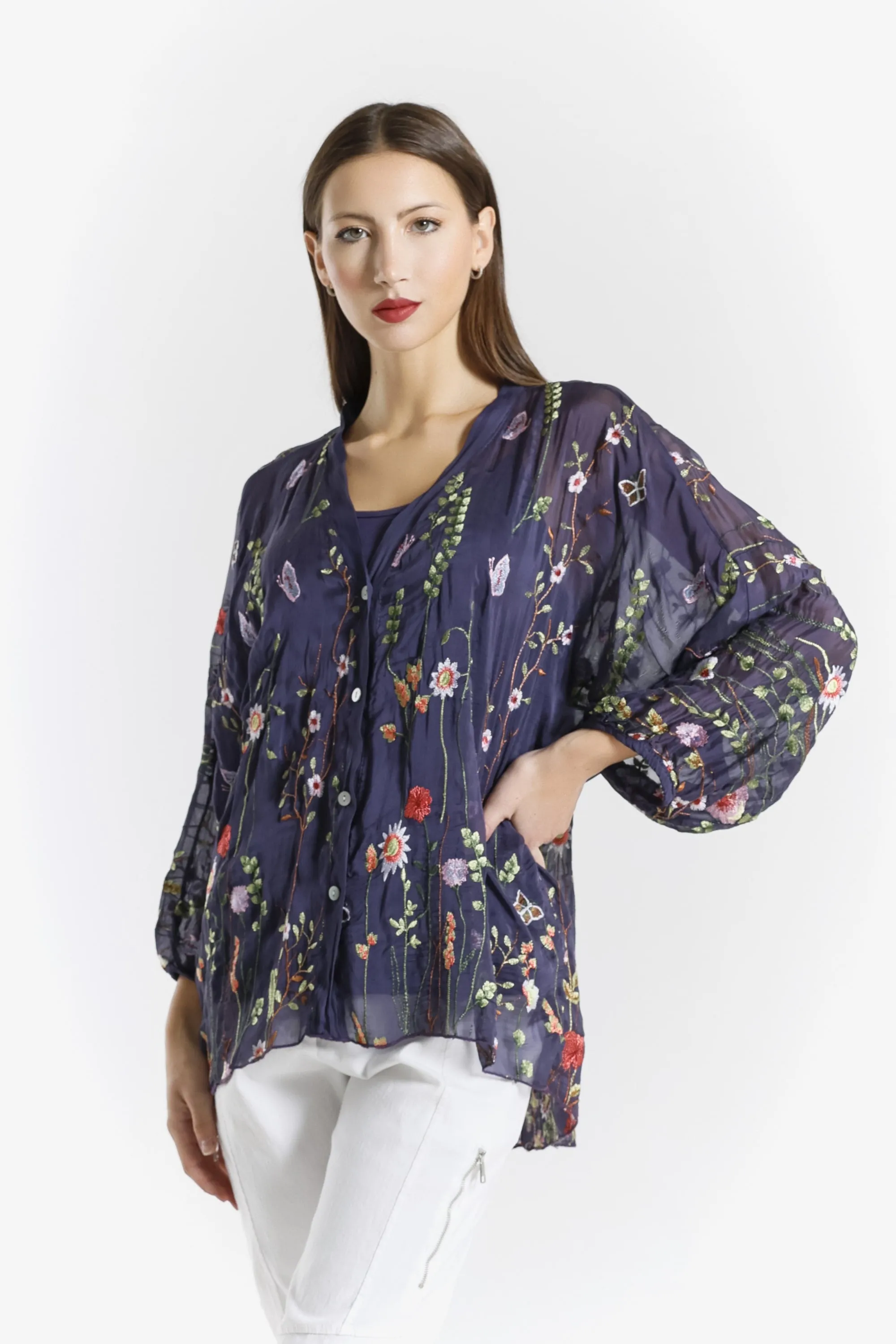 Garden Viola 3/4 Slv Silk Emb Button Front Blouse (BQ208G)