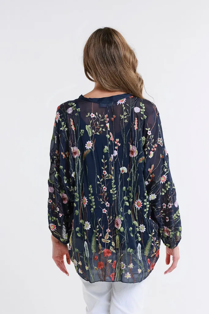 Garden Viola 3/4 Slv Silk Emb Button Front Blouse (BQ208G)