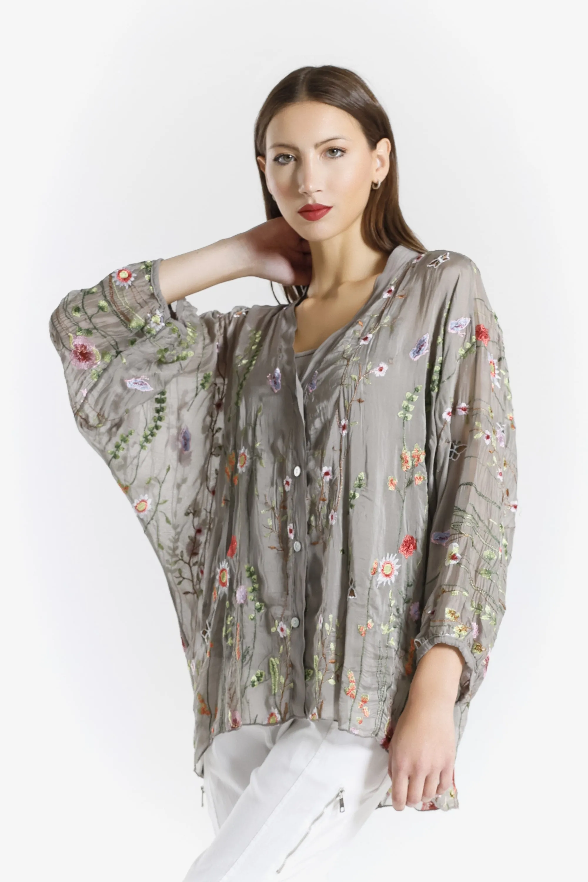 Garden Viola 3/4 Slv Silk Emb Button Front Blouse (BQ208G)