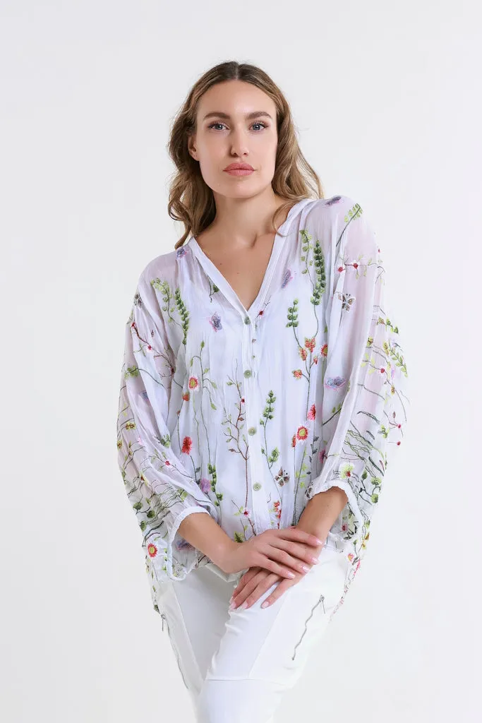 Garden Viola 3/4 Slv Silk Emb Button Front Blouse (BQ208G)