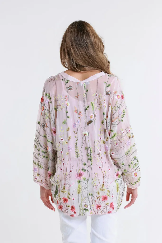 Garden Viola 3/4 Slv Silk Emb Button Front Blouse (BQ208G)