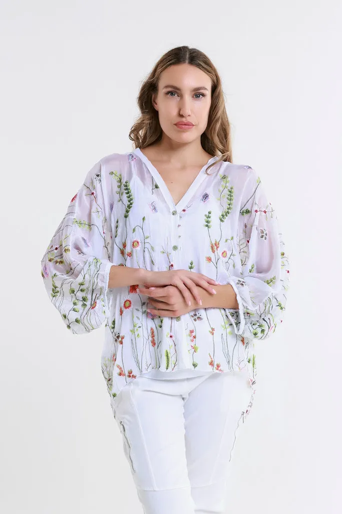 Garden Viola 3/4 Slv Silk Emb Button Front Blouse (BQ208G)