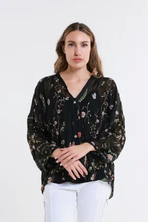 Garden Viola 3/4 Slv Silk Emb Button Front Blouse (BQ208G)