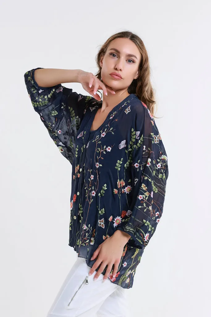 Garden Viola 3/4 Slv Silk Emb Button Front Blouse (BQ208G)
