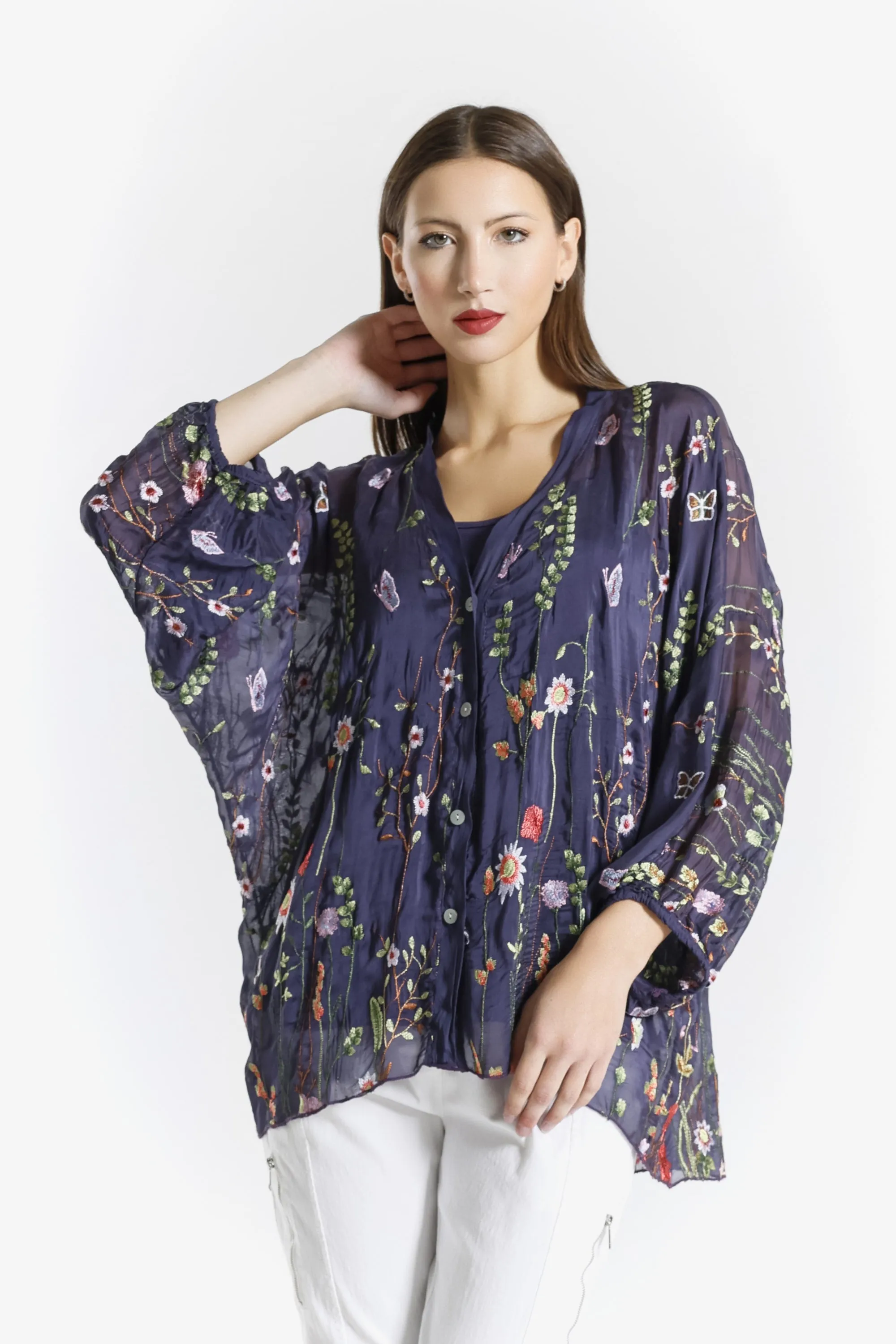 Garden Viola 3/4 Slv Silk Emb Button Front Blouse (BQ208G)