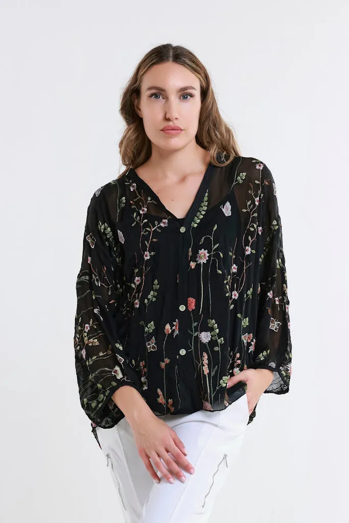 Garden Viola 3/4 Slv Silk Emb Button Front Blouse (BQ208G)