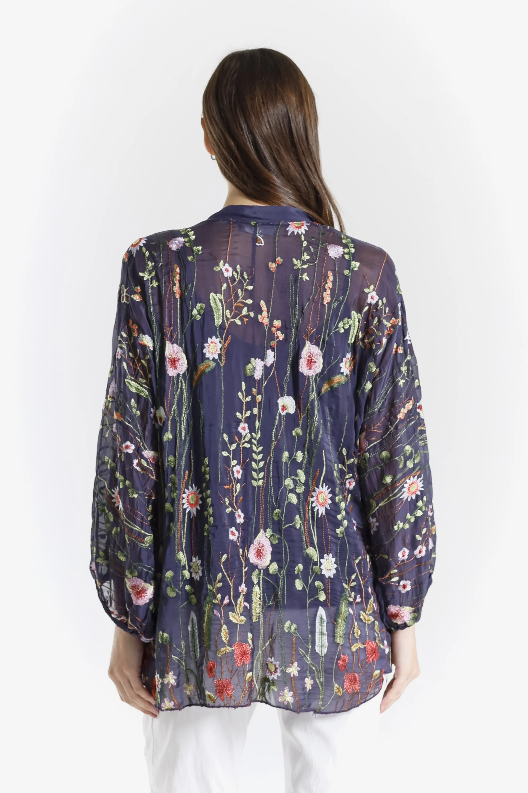 Garden Viola 3/4 Slv Silk Emb Button Front Blouse (BQ208G)