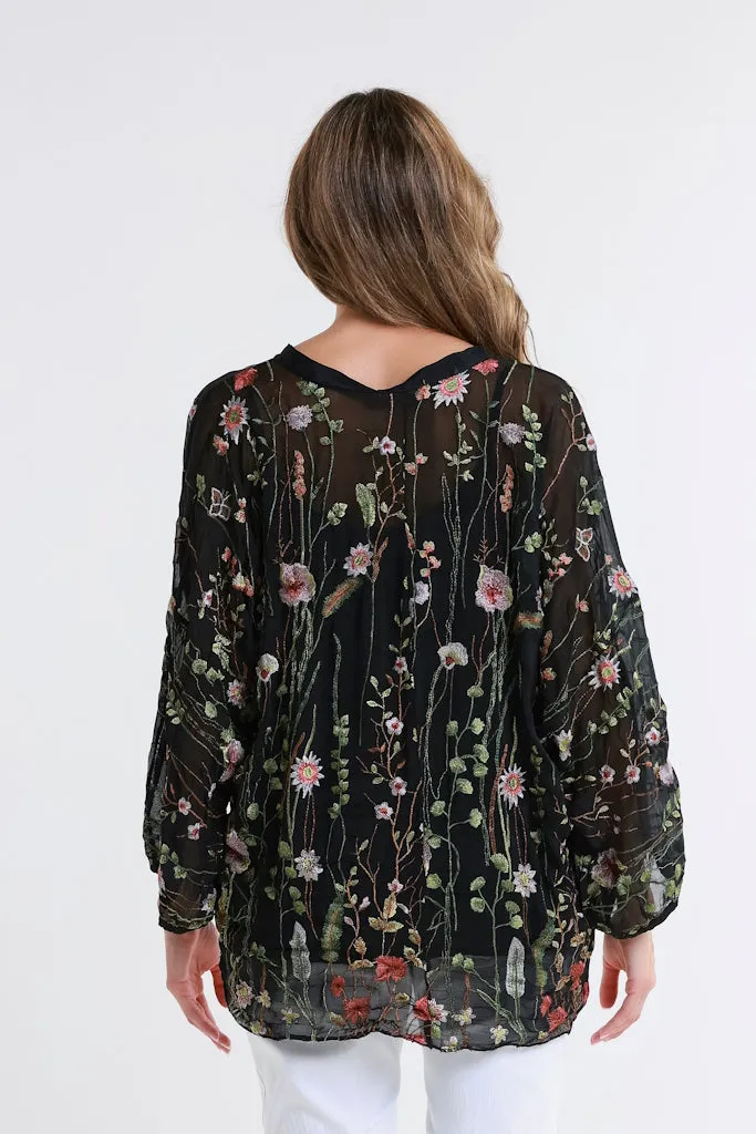 Garden Viola 3/4 Slv Silk Emb Button Front Blouse (BQ208G)
