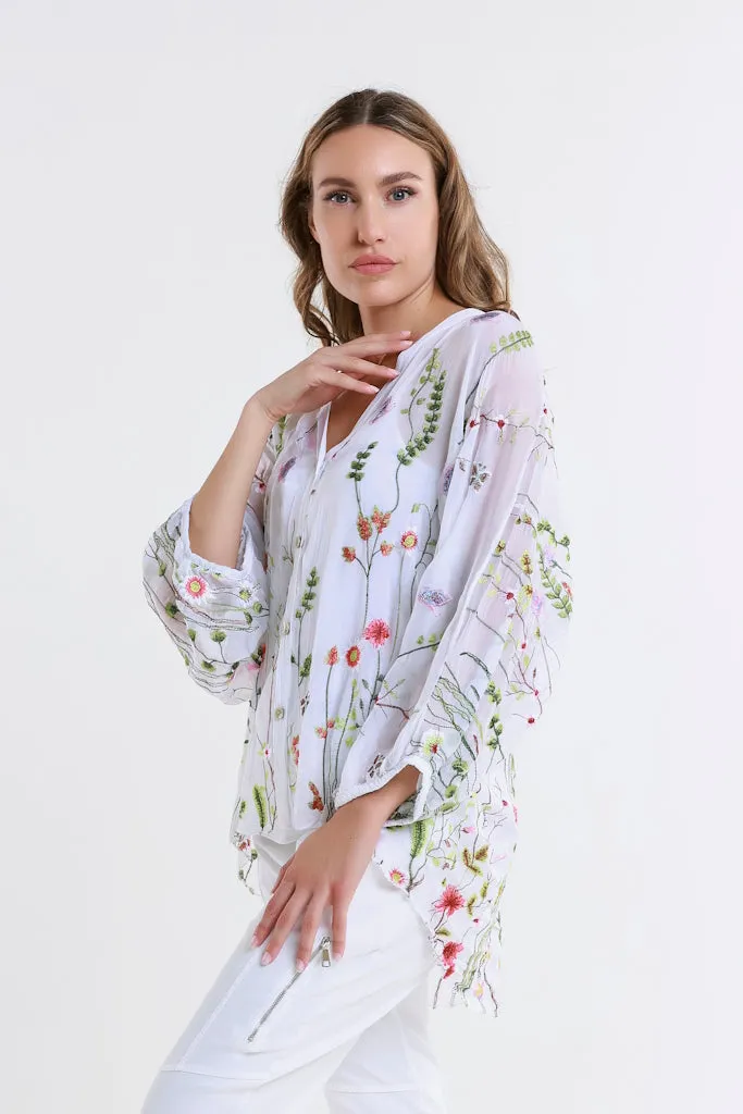 Garden Viola 3/4 Slv Silk Emb Button Front Blouse (BQ208G)