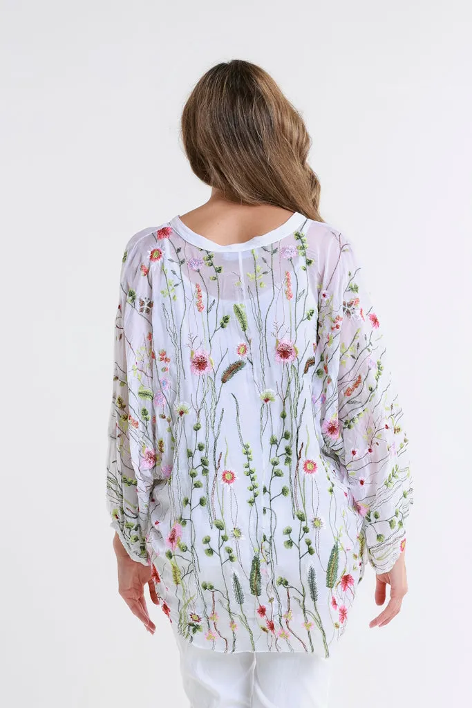 Garden Viola 3/4 Slv Silk Emb Button Front Blouse (BQ208G)