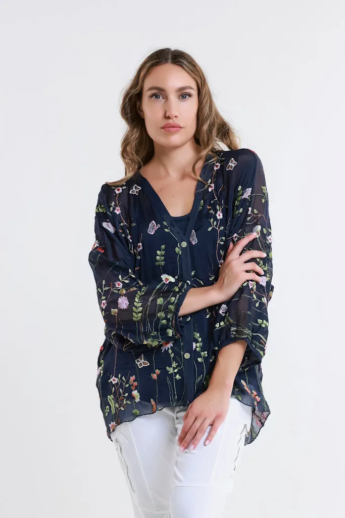 Garden Viola 3/4 Slv Silk Emb Button Front Blouse (BQ208G)