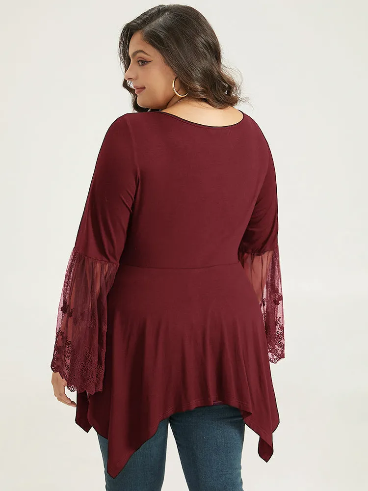 Halloween Crochet Lace Mesh Bell Sleeve Hanky Hem T-shirt