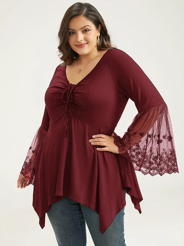 Halloween Crochet Lace Mesh Bell Sleeve Hanky Hem T-shirt