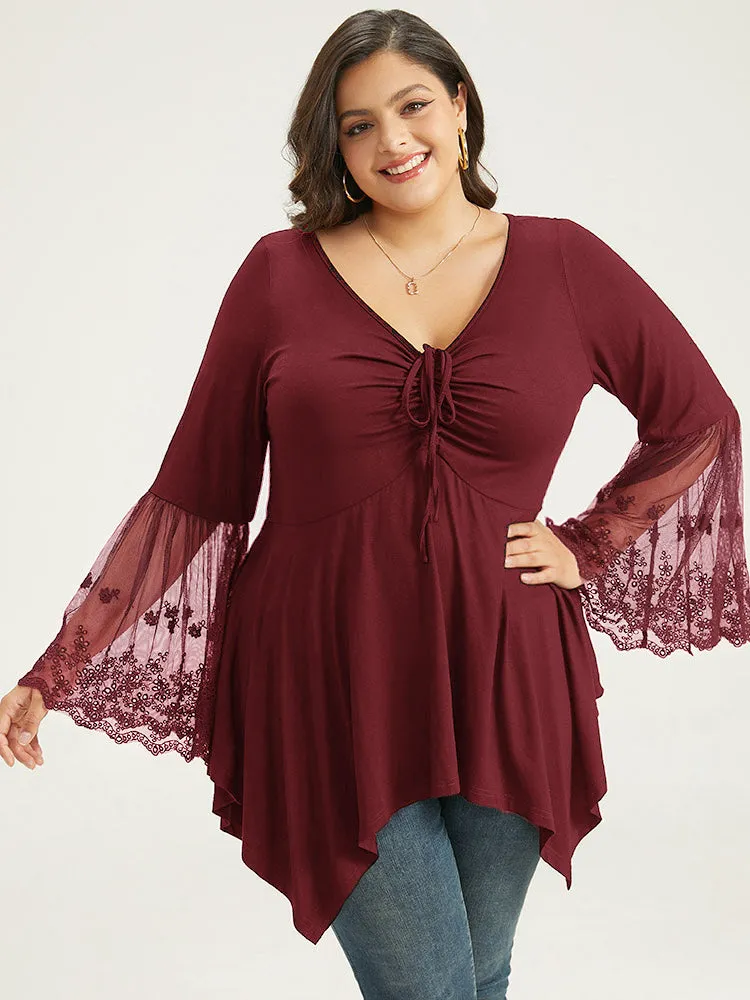 Halloween Crochet Lace Mesh Bell Sleeve Hanky Hem T-shirt