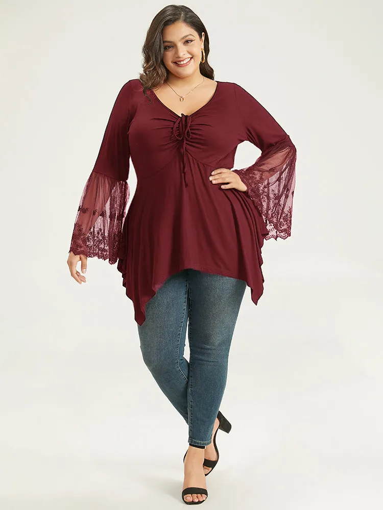 Halloween Crochet Lace Mesh Bell Sleeve Hanky Hem T-shirt