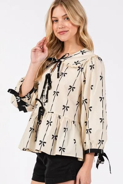 Hello Beautiful Bow Print Tie Front Babydoll Blouse