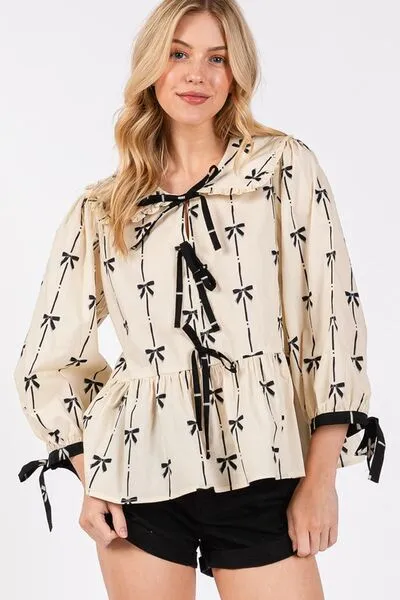 Hello Beautiful Bow Print Tie Front Babydoll Blouse
