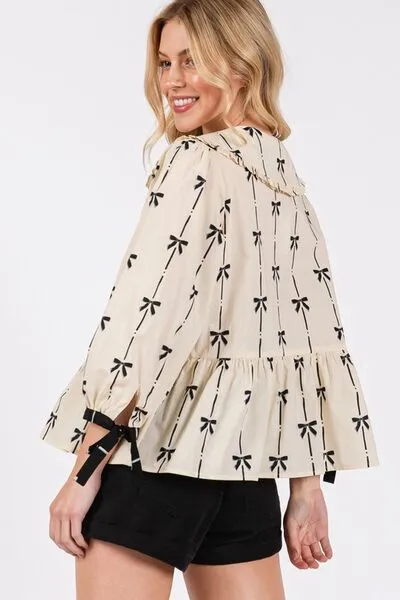 Hello Beautiful Bow Print Tie Front Babydoll Blouse