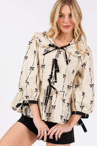 Hello Beautiful Bow Print Tie Front Babydoll Blouse
