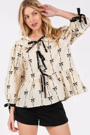 Hello Beautiful Bow Print Tie Front Babydoll Blouse