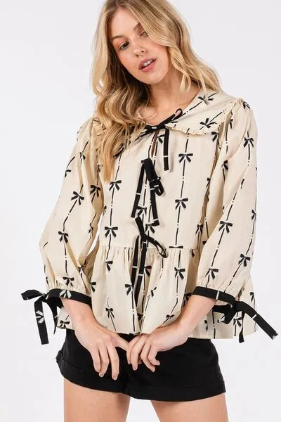 Hello Beautiful Bow Print Tie Front Babydoll Blouse