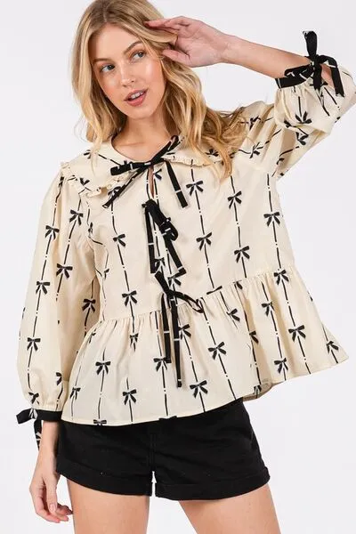 Hello Beautiful Bow Print Tie Front Babydoll Blouse
