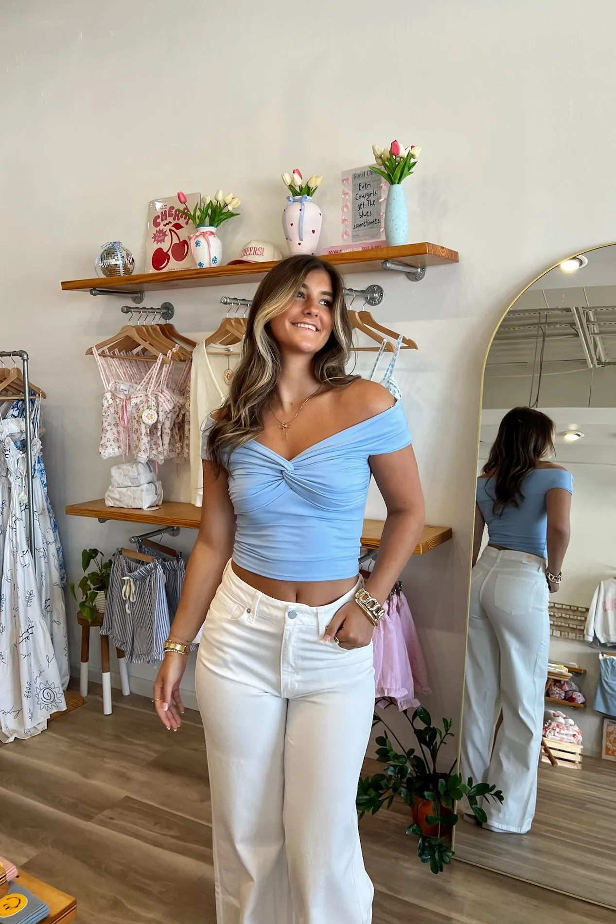 Lilia Off Shoulder Top in Blue | Restocked