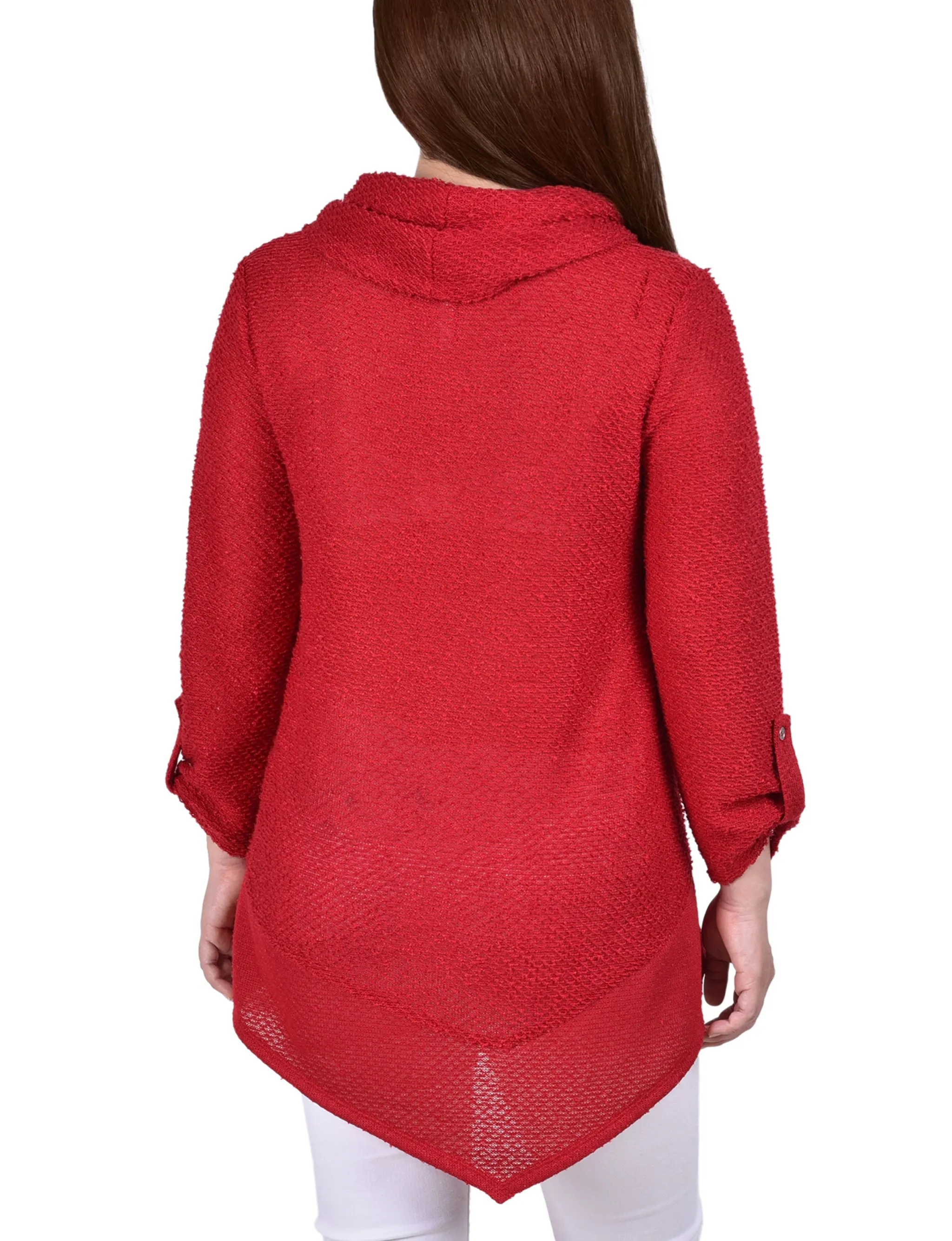 Long Roll Tab Sleeve Nubby Cowl Neck Top