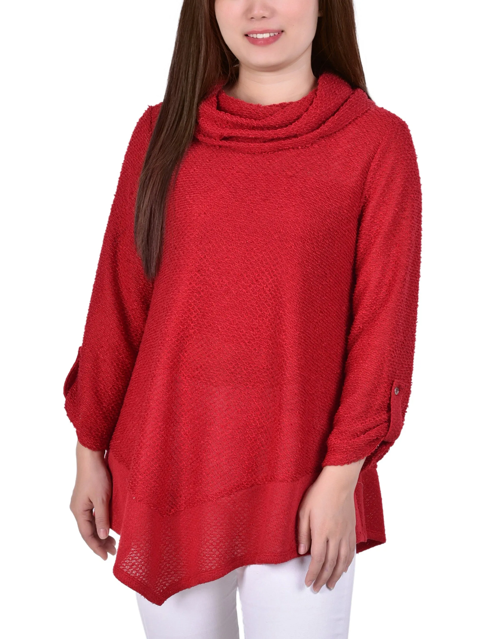 Long Roll Tab Sleeve Nubby Cowl Neck Top