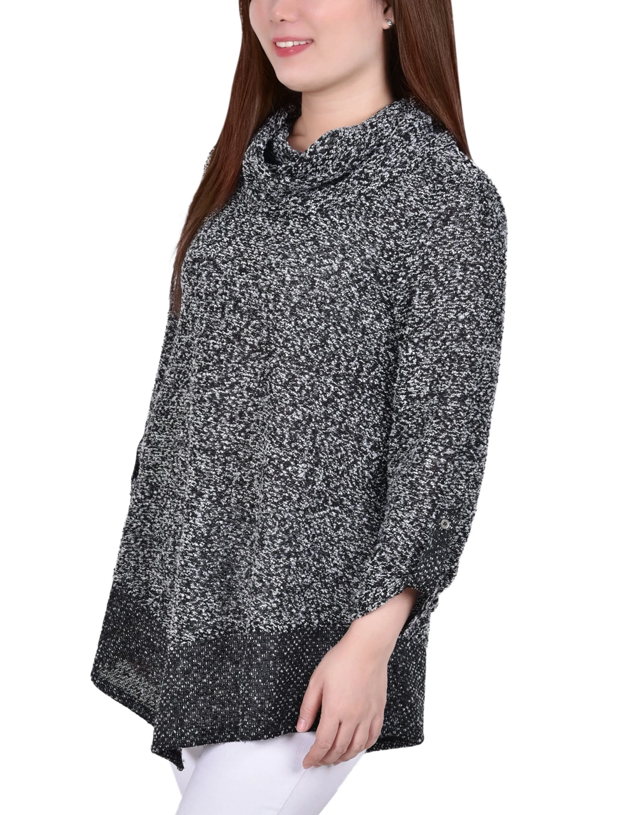 Long Roll Tab Sleeve Nubby Cowl Neck Top