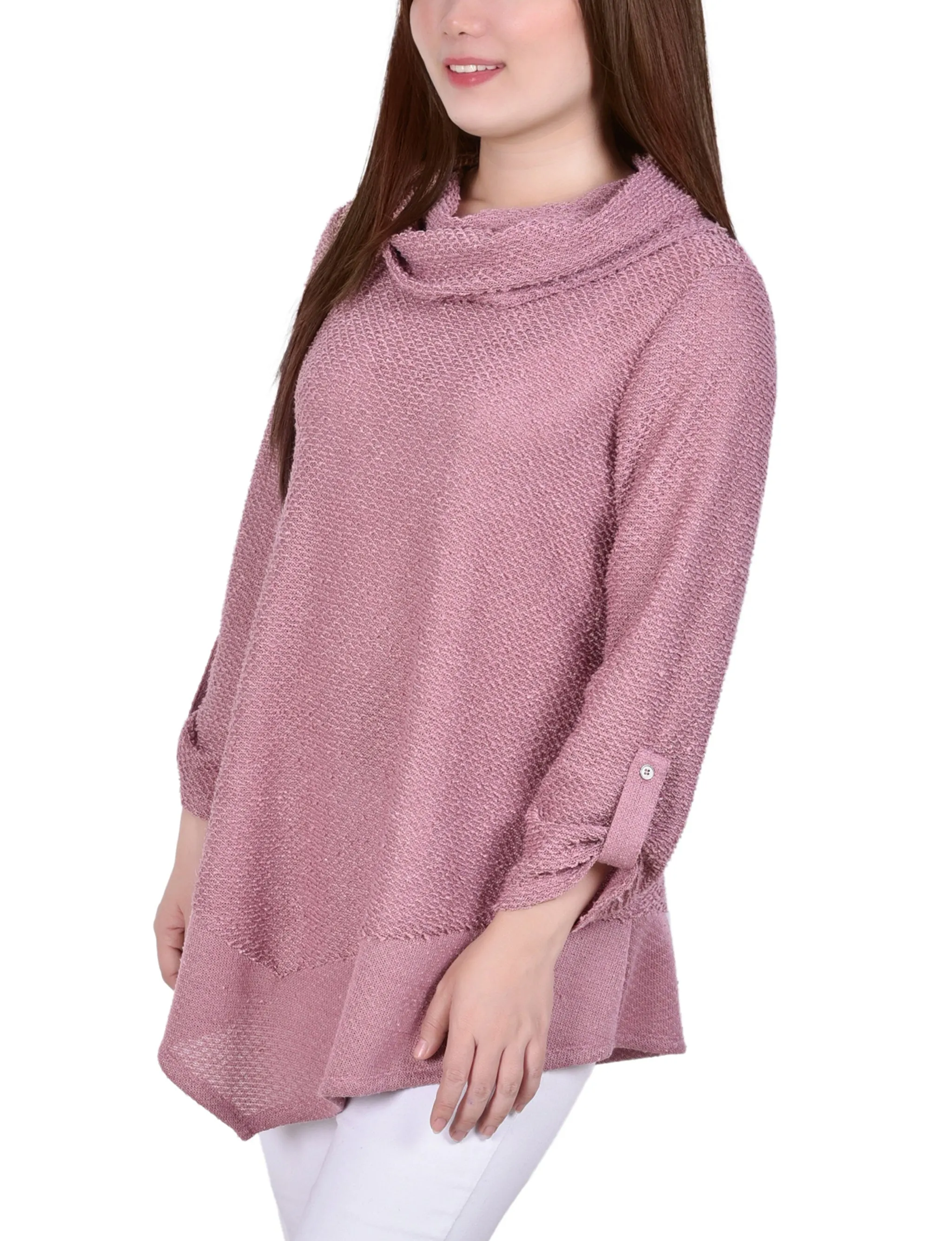 Long Roll Tab Sleeve Nubby Cowl Neck Top