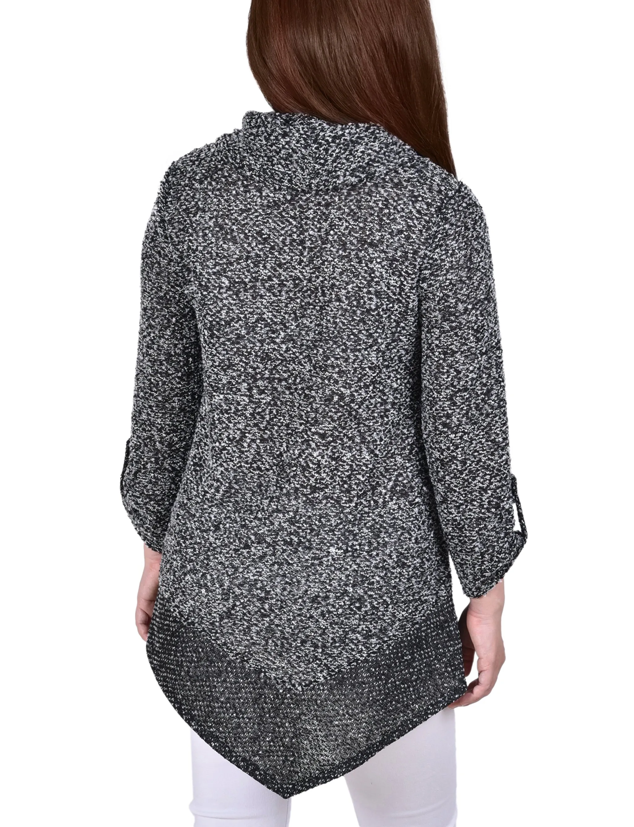 Long Roll Tab Sleeve Nubby Cowl Neck Top