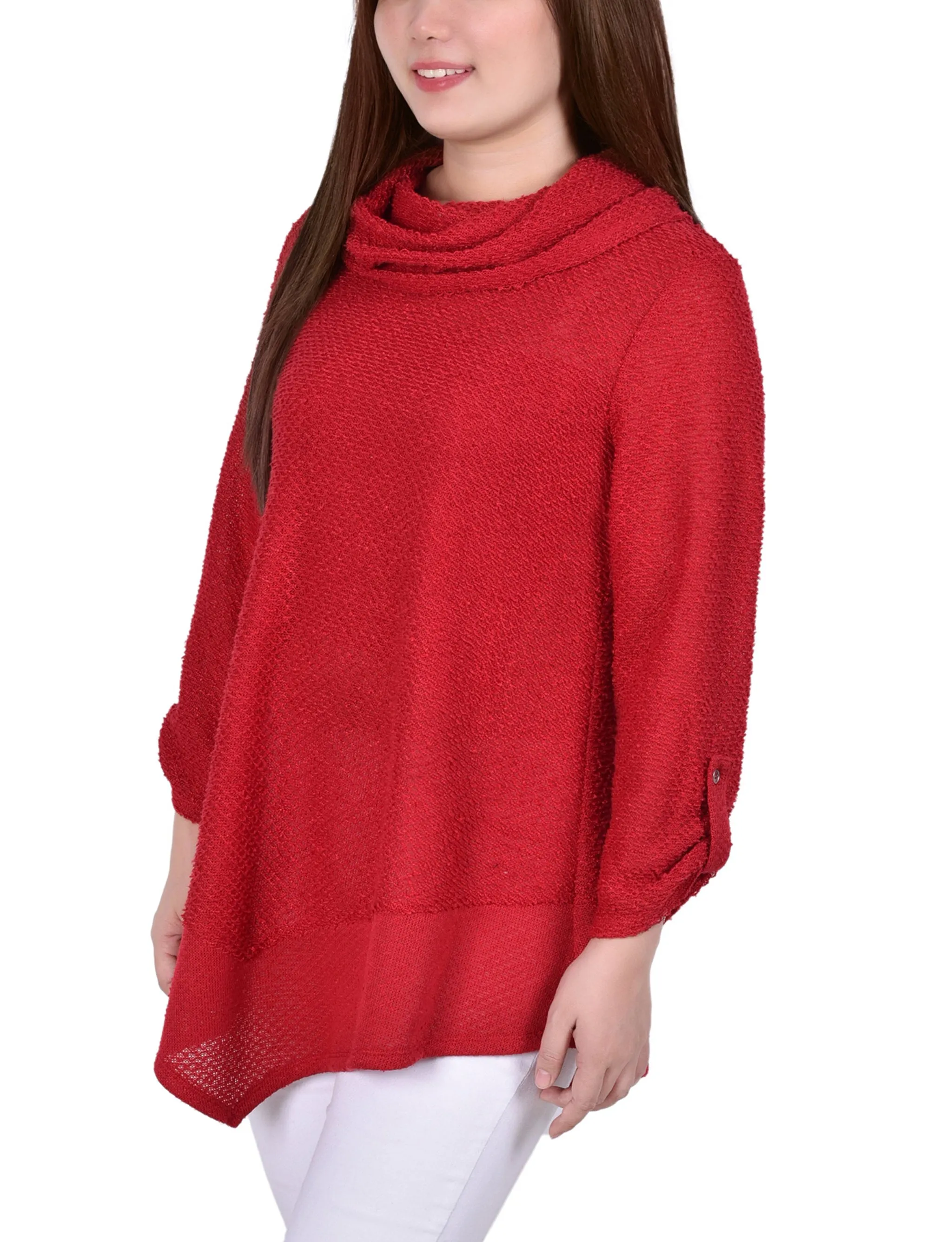 Long Roll Tab Sleeve Nubby Cowl Neck Top
