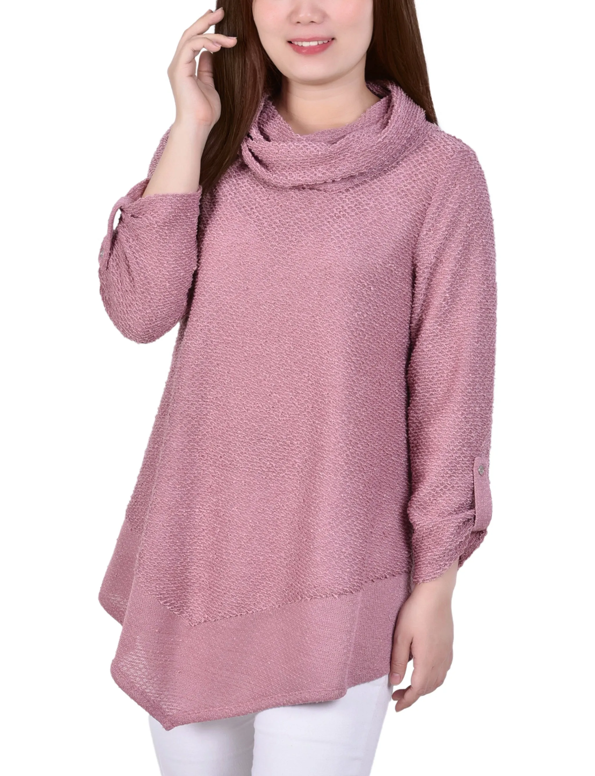 Long Roll Tab Sleeve Nubby Cowl Neck Top